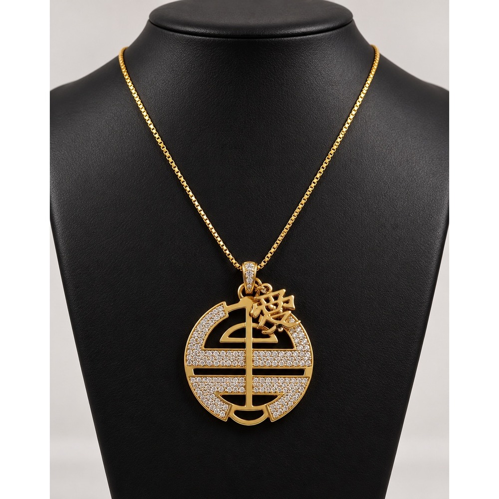 LVJ 925 Sterling Silver Gold Shou Longevity Love Pendant Necklace CZ Thailand